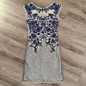 Parker Navy and Tan Beaded Dress
